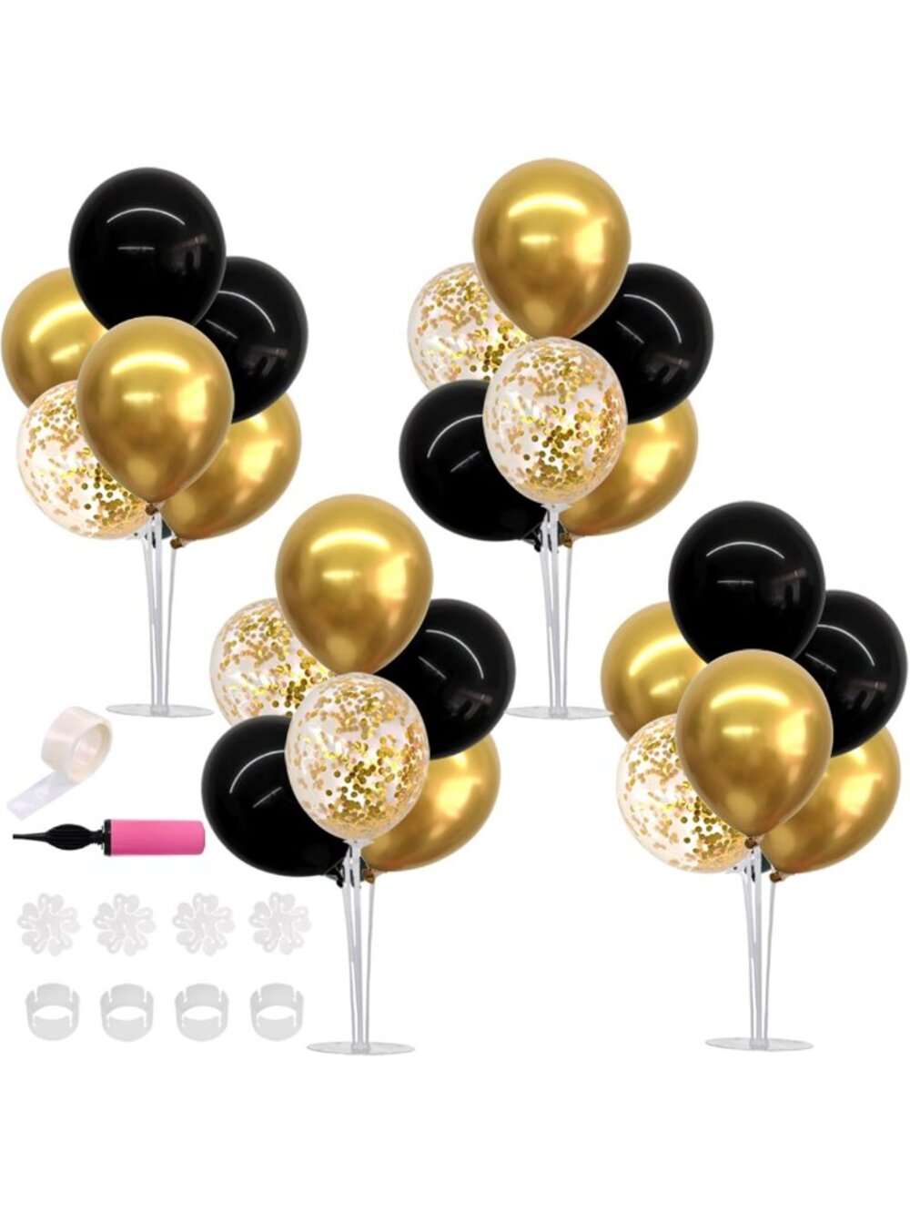 Elegant Black & Gold Balloon Stand Set - 4 Centerpieces for Parties & Events
